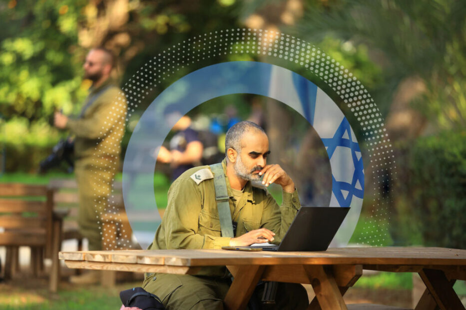 Soldier Learning in Laptop outside