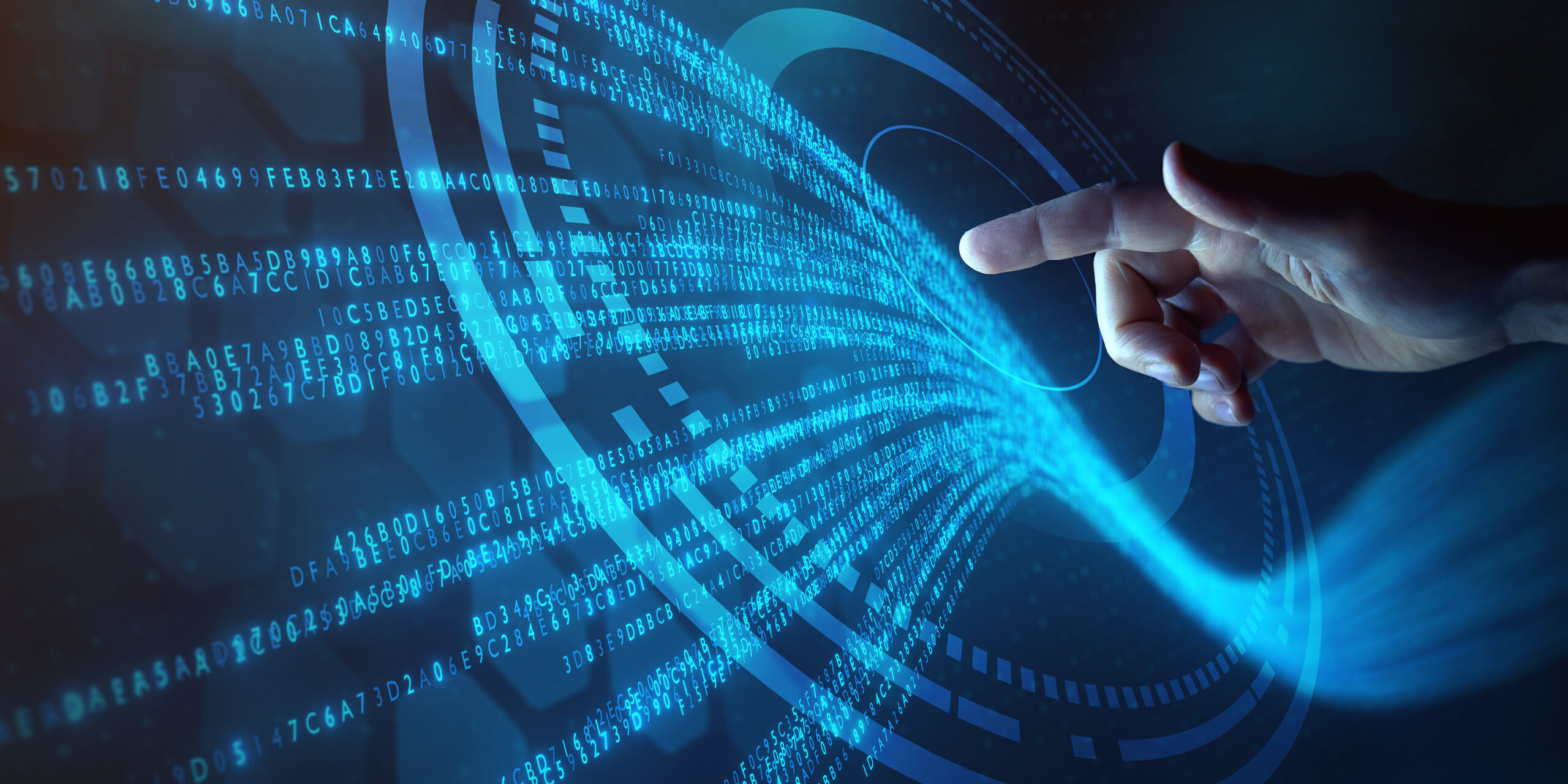 hand pointing a data stream, letters and numbers